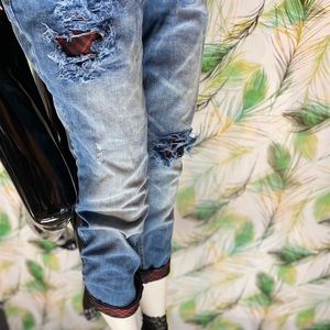 Distressed Upcycled Jeans w/plaid. Amazingly Done!